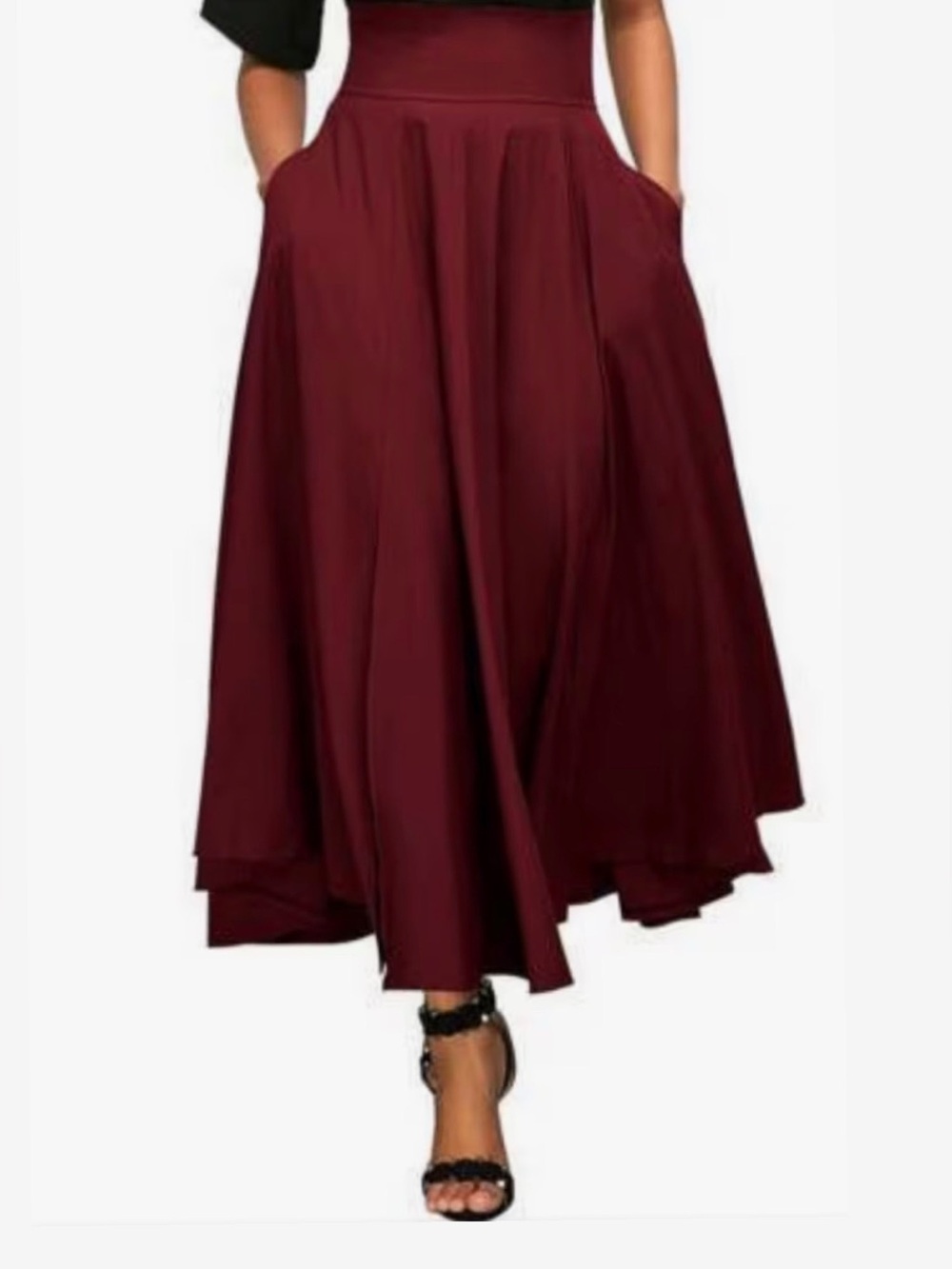 Women's High-Waist Burgundy Maxi Skirt with Pockets